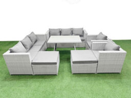 Fimous 10 Seater Garden Furniture Set Pe Ratten Garden Sofa Set With Rectangular Dining Table 2 Big Stool Light Grey - thumbnail 2