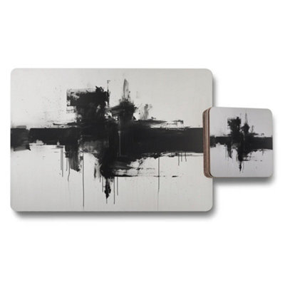 Benjamin Tate Design Abstract Black White Placemat And Coaster Set With Wood Bottom Signature Collection - image 1