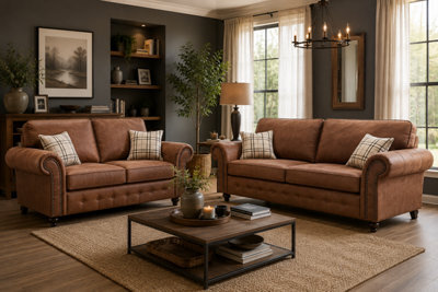SC FURNITURE LIMITED Tan Brown Fabric 3 Seater + 2 Seater Suite Oldham - image 1