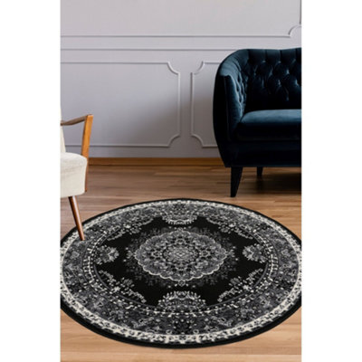 Melrose Colorama Traditional Black Grey Area Indoor Round Rug 120X120Cm - image 1