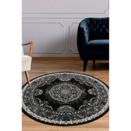 Melrose Colorama Traditional Black Grey Area Indoor Round Rug 120X120Cm - thumbnail 1