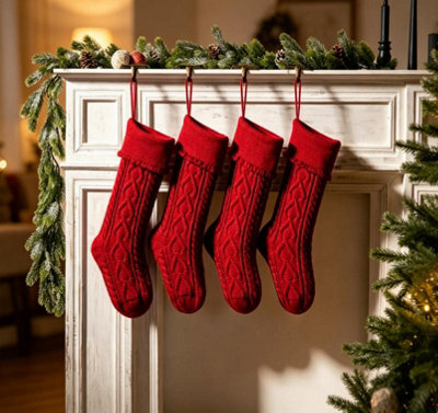 Amorly 4Pcs Red Knitted Christmas Stockings With Ruffled Cuff, Hanging Decor Stockings For Fireplace Mantel Holiday Home Party Decor - image 1