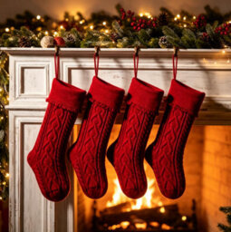 Amorly 4Pcs Red Knitted Christmas Stockings With Ruffled Cuff, Hanging Decor Stockings For Fireplace Mantel Holiday Home Party Decor - thumbnail 2
