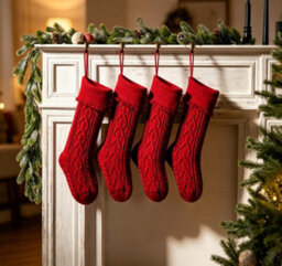 Amorly 4Pcs Red Knitted Christmas Stockings With Ruffled Cuff, Hanging Decor Stockings For Fireplace Mantel Holiday Home Party Decor - thumbnail 1