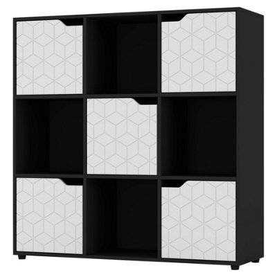 Urbn-Living Urbnliving 91Cm Height 9 Cubes Black Wooden Bookcase Display Shelf Storage Cabinet With Modern Geo White Door - image 1