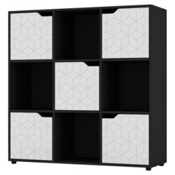 Urbn-Living Urbnliving 91Cm Height 9 Cubes Black Wooden Bookcase Display Shelf Storage Cabinet With Modern Geo White Door - thumbnail 1