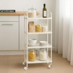 Abbaware 4 Tier Storage Trolley Trays, Serving Carts, Plastic Carts With Steel Reinforced Wheels, White - thumbnail 3