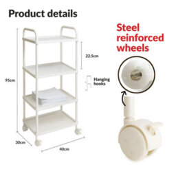 Abbaware 4 Tier Storage Trolley Trays, Serving Carts, Plastic Carts With Steel Reinforced Wheels, White - thumbnail 2