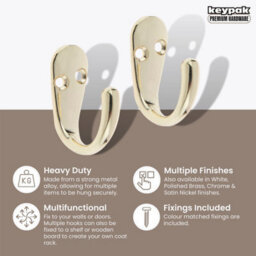 Keypak 2X Single Robe Coat Hooks With Screws, Polished Brass, Door & Wall Mountable (Pack Of 2) - thumbnail 2