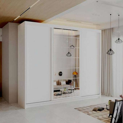 Sliding Wardrobes 4 u LTD Modern Led Light Sliding Wardrobe - 200Cm/250Cm Bedroom Storage With Drawers, Shelves & Hanging Rails - White - image 1