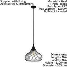Stylish Black Steel Wire Hanging Pendant Light For Hallway - 1 X 60W E27 - thumbnail 2