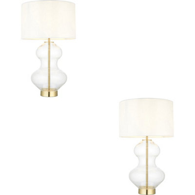 Loops 2 Pack Satin Brass Plate Table Lamp - Clear Glass With Vintage White Fabric Shade - Touch Dimmable - image 1