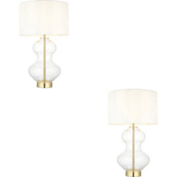 Loops 2 Pack Satin Brass Plate Table Lamp - Clear Glass With Vintage White Fabric Shade - Touch Dimmable