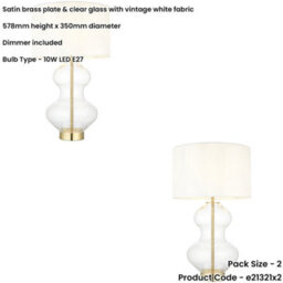 Loops 2 Pack Satin Brass Plate Table Lamp - Clear Glass With Vintage White Fabric Shade - Touch Dimmable - thumbnail 2