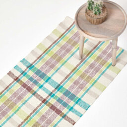 Homescapes Wilson Handwoven Blue, Yellow And Brown Tartan 100% Cotton Rug, 66 X 200 Cm - thumbnail 1