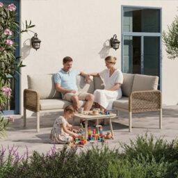 Btm 4 Seater Garden Set, Rope Sofa & Armchairs, Wood-Look Glass Table, Weatherproof, Beige - thumbnail 5