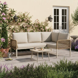 Btm 4 Seater Garden Set, Rope Sofa & Armchairs, Wood-Look Glass Table, Weatherproof, Beige - thumbnail 7