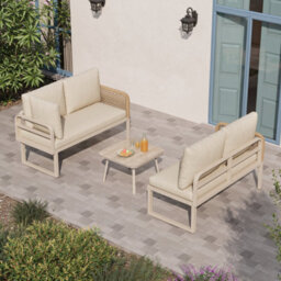 Btm 4 Seater Garden Set, Rope Sofa & Armchairs, Wood-Look Glass Table, Weatherproof, Beige - thumbnail 3