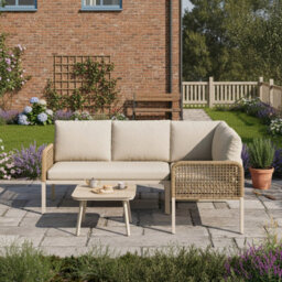 Btm 4 Seater Garden Set, Rope Sofa & Armchairs, Wood-Look Glass Table, Weatherproof, Beige - thumbnail 8
