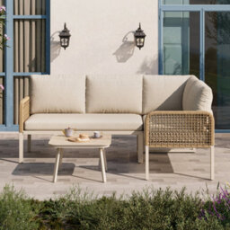 Btm 4 Seater Garden Set, Rope Sofa & Armchairs, Wood-Look Glass Table, Weatherproof, Beige - thumbnail 9