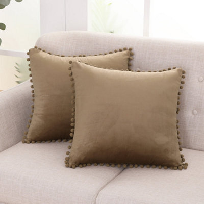 Deconovo Set Of 2 Poms Crushed Velvet Cushion Covers 50Cm X 50Cm Pillowcases For Chairs With Invisible Zipper 20X20 Inches Brown