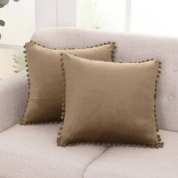 Deconovo Set Of 2 Poms Crushed Velvet Cushion Covers 50Cm X 50Cm Pillowcases For Chairs With Invisible Zipper 20X20 Inches Brown - thumbnail 1