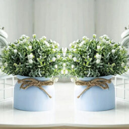 White House Decor Set - 2 Artificial Plants With Gypsophila And Mini Pots - thumbnail 1