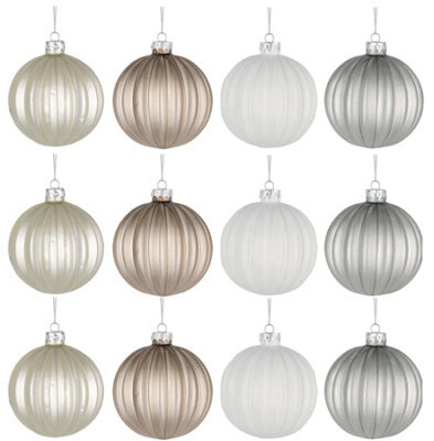 Shatchi Christmas Glass Baubles 12Pcs Set - 8Cm Pearl Champagne, White & Silver With 4 Elegant Designs - image 1