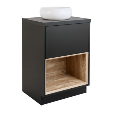 Homestylestore Black Grey 600mm Bathroom Vanity Unit Round Chalk Countertop Basin Open Shelf - image 1