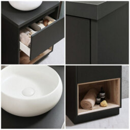 Homestylestore Black Grey 600mm Bathroom Vanity Unit Round Chalk Countertop Basin Open Shelf - thumbnail 2
