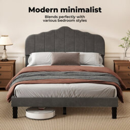 Levede Double Upholstered Bed Frame Linen Fabric Modern Scalloped Headboard - thumbnail 8