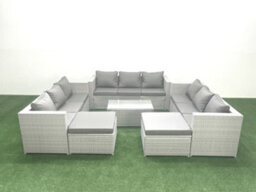 Fimous Rattan Garden Outdoor Furniture Set 11 Seater Garden Sofa Coffee Table Set 2 Big Stools Light Grey - thumbnail 2