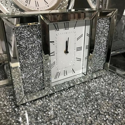 Biznest Crushed Jewel Mirror Wall Clock Roman Numbers Diamante Mirror Glass Clock H 27 X W 40 X D 8Cm