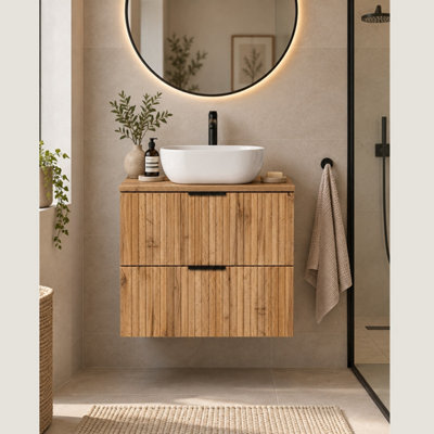 Impact Furniture Wall Hung Bathroom Vanity Unit With Basin 600mm Countertop Sink Cabinet Oak Effect Fluted Ribbed Drawers Adel - image 1
