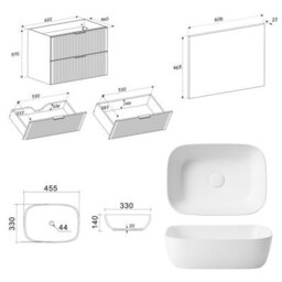Impact Furniture Wall Hung Bathroom Vanity Unit With Basin 600mm Countertop Sink Cabinet Oak Effect Fluted Ribbed Drawers Adel - thumbnail 8
