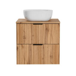 Impact Furniture Wall Hung Bathroom Vanity Unit With Basin 600mm Countertop Sink Cabinet Oak Effect Fluted Ribbed Drawers Adel - thumbnail 7