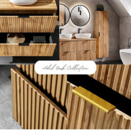 Impact Furniture Wall Hung Bathroom Vanity Unit With Basin 600mm Countertop Sink Cabinet Oak Effect Fluted Ribbed Drawers Adel - thumbnail 5