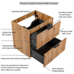 Impact Furniture Wall Hung Bathroom Vanity Unit With Basin 600mm Countertop Sink Cabinet Oak Effect Fluted Ribbed Drawers Adel - thumbnail 6