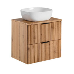Impact Furniture Wall Hung Bathroom Vanity Unit With Basin 600mm Countertop Sink Cabinet Oak Effect Fluted Ribbed Drawers Adel - thumbnail 3