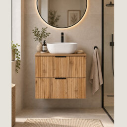 Impact Furniture Wall Hung Bathroom Vanity Unit With Basin 600mm Countertop Sink Cabinet Oak Effect Fluted Ribbed Drawers Adel - thumbnail 1