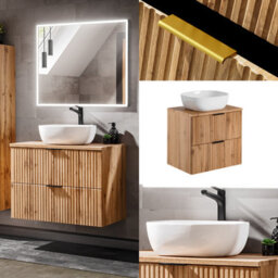 Impact Furniture Wall Hung Bathroom Vanity Unit With Basin 600mm Countertop Sink Cabinet Oak Effect Fluted Ribbed Drawers Adel - thumbnail 2