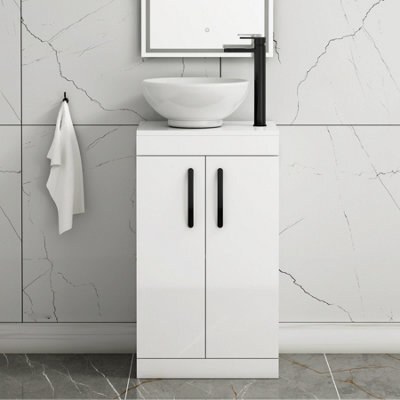 Royal Bathrooms 500mm Floor Standing Vanity Unit 2 Door Gloss White & Countertop Basin - Breeze With Matt Black Handle - image 1