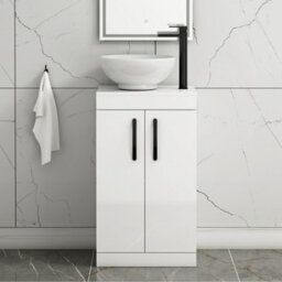 Royal Bathrooms 500mm Floor Standing Vanity Unit 2 Door Gloss White & Countertop Basin - Breeze With Matt Black Handle - thumbnail 1
