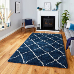 Navy Cream Shaggy Moroccan Geometric Modern Easy To Clean Rug For Living Room, Bedroom And Dining Room-160Cm X 220Cm