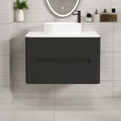 Royal Bathrooms Venice 800mm Matt Nocturne Black Wall Mounted Bathroom Countertop Vanity Unit 2 Drawer With Peak Basin - image 1