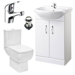 FNX Bathrooms Bubly Bathrooms™ 550mm Modern Gloss White Vanity Unit & Basin With Close Coupled Square Dual Flush Wc Toilet & Chrome Tap Set