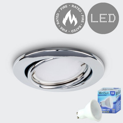 Valuelights Fire Rated Polished Chrome Tiltable Gu10 Recessed Ceiling Downlight - Includes 5W Led Bulb 3000K Warm White - image 1