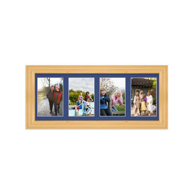 AK Frames 50X20Cm Light Oak Classic Multi Photo Frame With Blue Mount - Holds 4 Apertures (4X) 6X4 Photos - image 1
