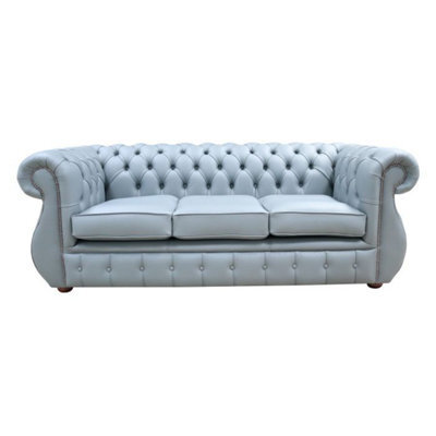 Chesterfield 3 Seater Shelly Piping Grey Leather Sofa Bespoke In Kimberley Style - image 1
