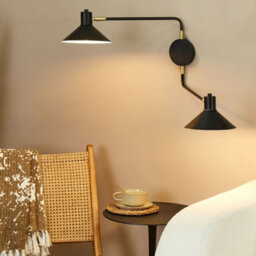 Beliani Two-Light Adjustable Wall Lamp Black Steel With Drum Shades And Gold Accents, Modern Industrial, W84 X D20 X H38Cm - thumbnail 1